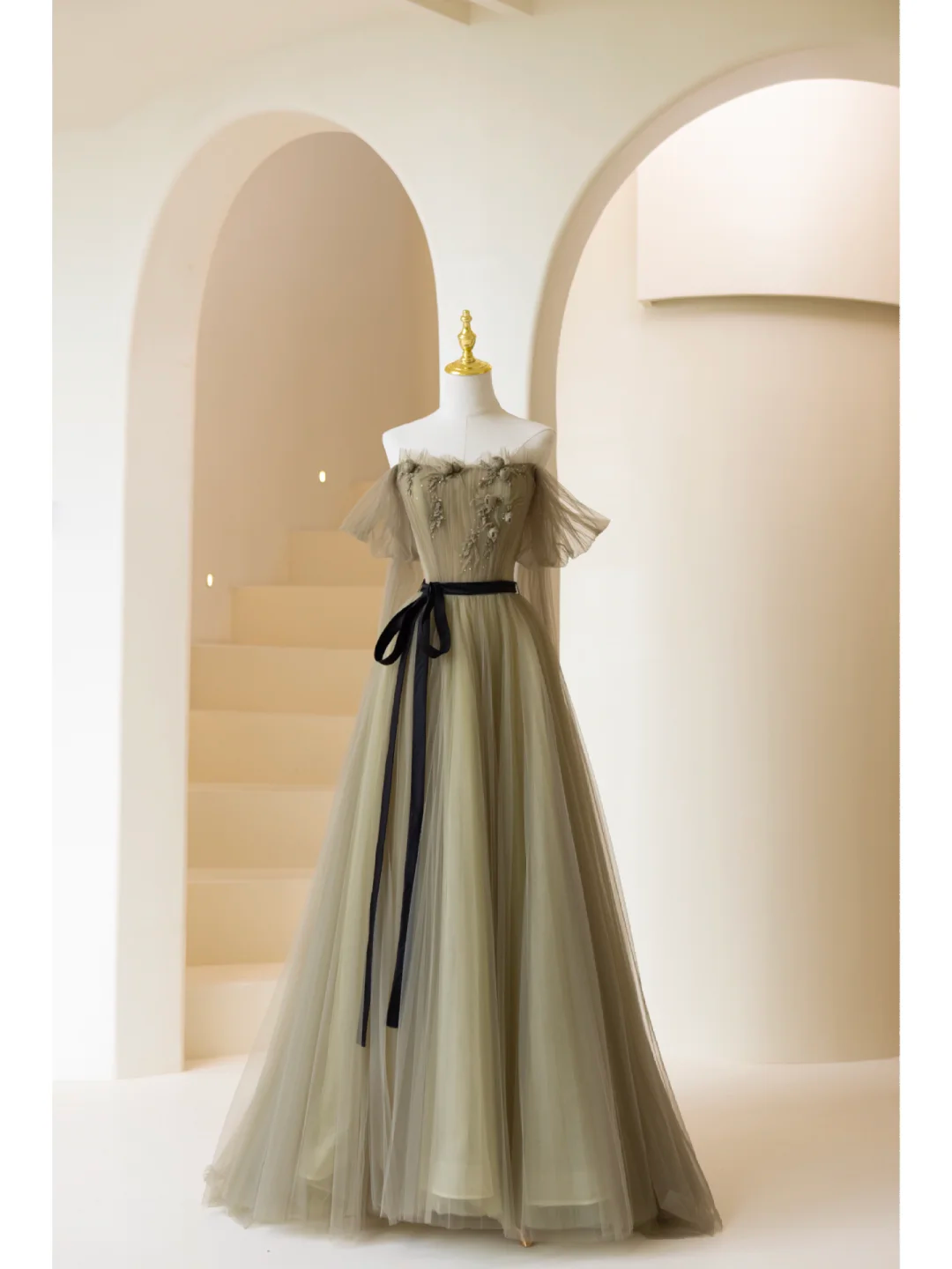 Robe de bal trapèze en tulle vert olive, épaules dénudées, tenue de soirée pour 18 ans, RB003