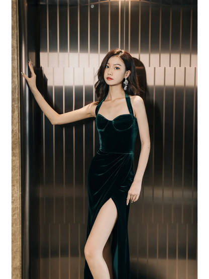 Robe de bal vintage sirène dos nu en velours vert foncé avec fente latérale, tenue de soirée pour 18e anniversaire, robe de bal RB009