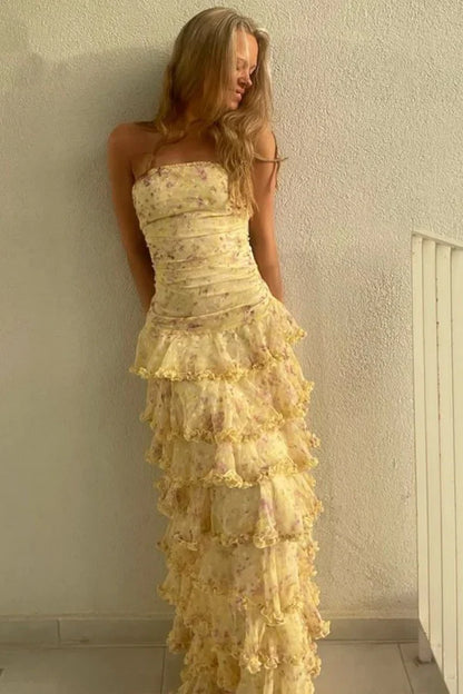Robe de bal sirène sexy sans bretelles, motif floral, jaune, longue, tenue de soirée, pour 21e anniversaire, robe de remise de diplôme, RB969