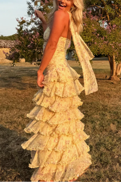 Modest Sheath Strapless Yellow Chiffon Floral Long Prom Dresses Party Dress 22th Birthday Outfits Graduation Dress RB010