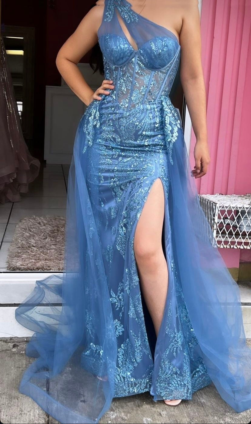Robe de soirée longue en dentelle bleu marine, asymétrique, style sirène, fendue, tenue d'anniversaire, de remise de diplôme, RB1012