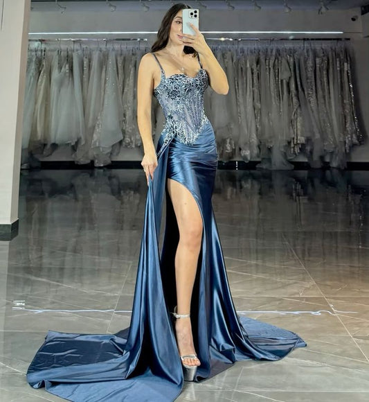 Unique Mermaid Spaghetti Straps Navy Blue Slit Prom Dresses Long Party Dress Birthday Outfits Graduation Dress RB1019