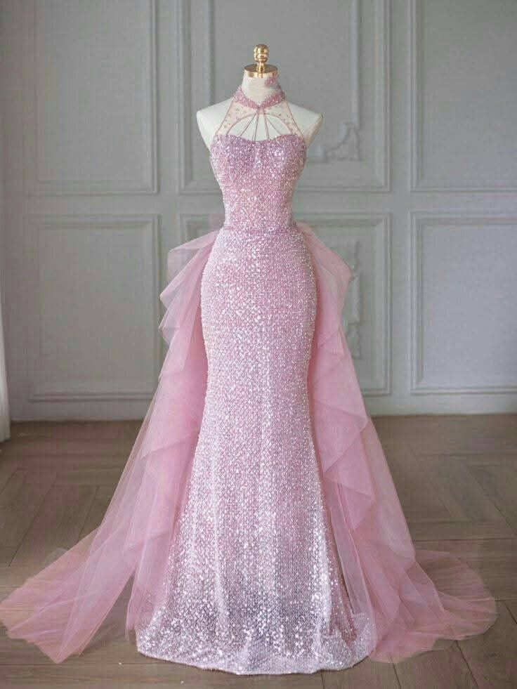 Sexy Mermaid High Neck Pink Sequin Prom Dresses Long Party Dress 21st Birthday Outfit Graduation Dress RB1023
