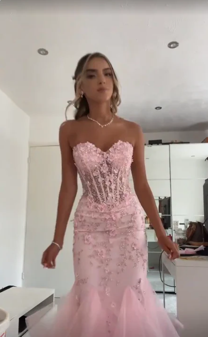 Cute Mermaid Sweetheart Pink Lace Prom Dresses Long Party Dress 18th Birthday Outfit Graduation Dress RB1024
