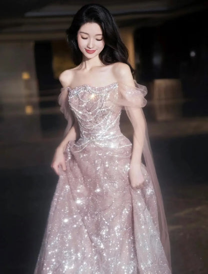 Unique Ball Gown Off The Shoulder Pink Tulle Prom Dresses inspiration Long Party Dress Birthday Outfits Graduation Dress RB1026