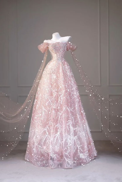 Unique Ball Gown Off The Shoulder Pink Tulle Prom Dresses inspiration Long Party Dress Birthday Outfits Graduation Dress RB1026