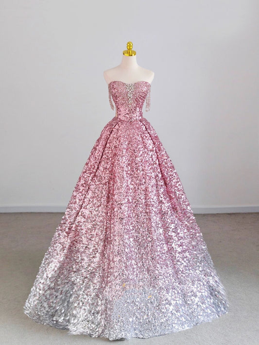 Classy Ball Gown Sweetheart Silver Pink Prom Dresses Long Party Dress 18th Birthday Outfit Graduation Dress RB1046