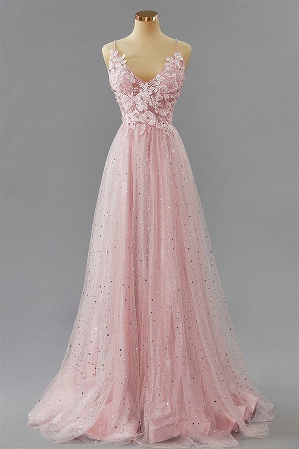Robe de bal élégante à bretelles spaghetti en tulle rose blush et dentelle, robe de soirée longue pour 18e anniversaire, robe de remise de diplôme RB1050
