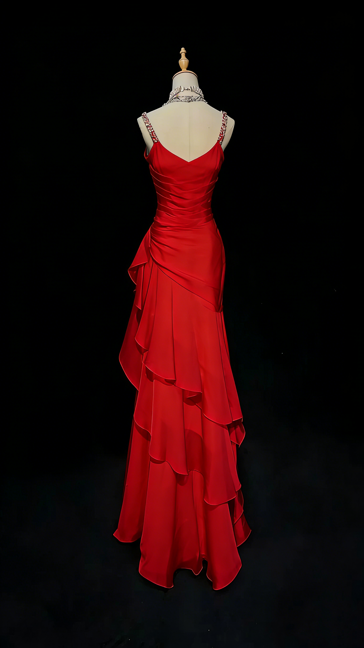 Elegantes, rotes Chiffon-Abendkleid mit Meerjungfrauen-Trägern, neues langes Abendkleid, formelles Kleid N1417