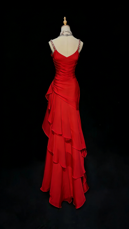 Elegantes, rotes Chiffon-Abendkleid mit Meerjungfrauen-Trägern, neues langes Abendkleid, formelles Kleid N1417