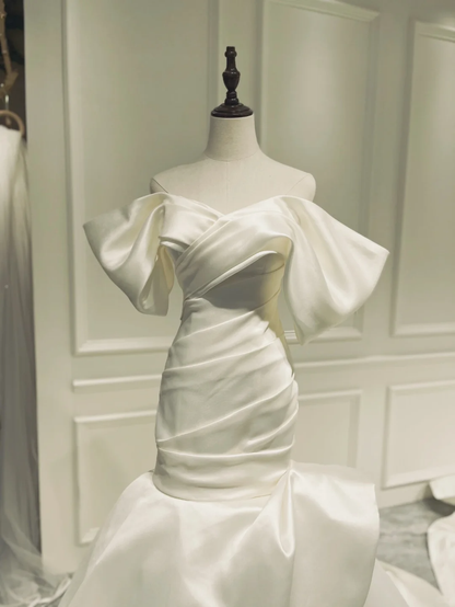 Dream Mermaid Off The Shoulder White Satin Pleated Wedding Dress Styles Long Fairytale Brides Gown Wedding Dresses Ideas RB1056