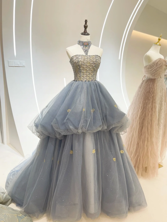 Luxury Quinceanera Dresses Ball Gown Strapless Tulle Dusty Blue Birthday Gowns Vestidos De 15 Anos Long Sweet 16 Dress RB1057