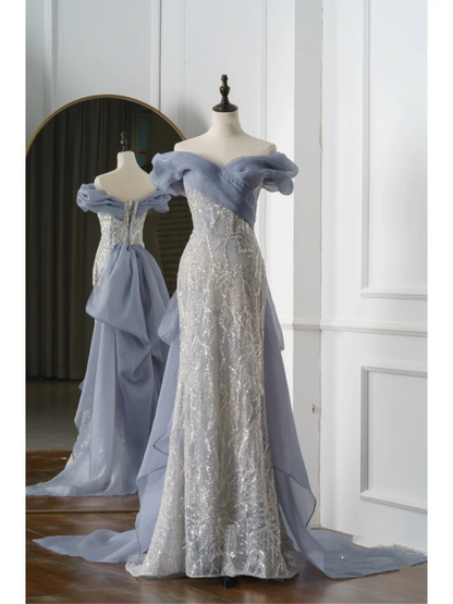 Robe de bal sirène vintage à épaules dénudées bleu poudré, longue, tenue pour 18e anniversaire, robe de soirée dansante pour lycée RB1059