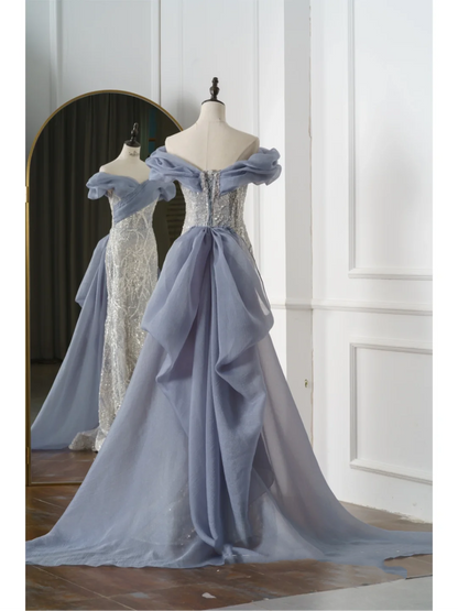 Robe de bal sirène vintage à épaules dénudées bleu poudré, longue, tenue pour 18e anniversaire, robe de soirée dansante pour lycée RB1059