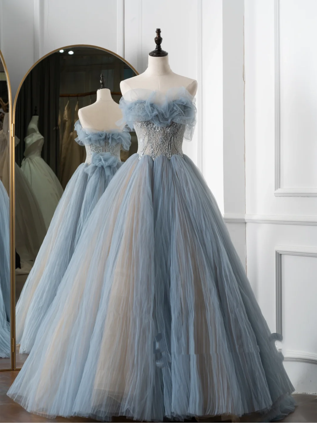 Charmante robe de bal en tulle bleu, décolleté en cœur, longue, tenue de bal pour 18e anniversaire, lycée, RB1060