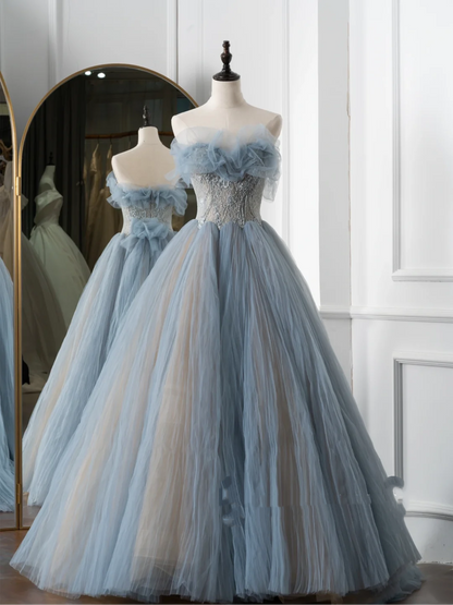 Charmante robe de bal en tulle bleu, décolleté en cœur, longue, tenue de bal pour 18e anniversaire, lycée, RB1060