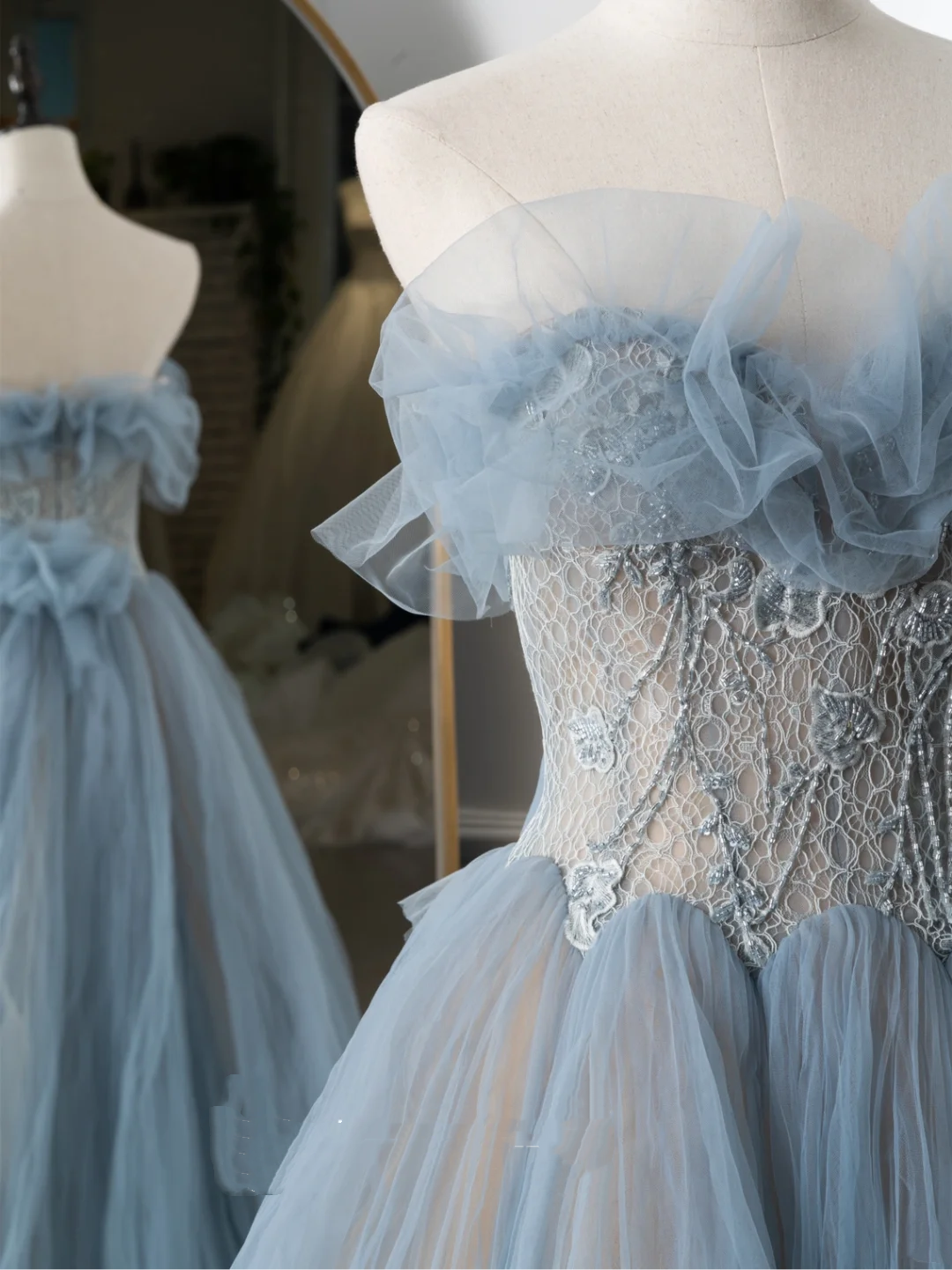 Charmante robe de bal en tulle bleu, décolleté en cœur, longue, tenue de bal pour 18e anniversaire, lycée, RB1060
