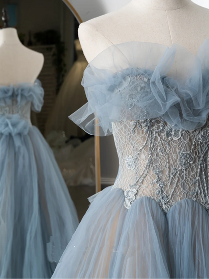 Charmante robe de bal en tulle bleu, décolleté en cœur, longue, tenue de bal pour 18e anniversaire, lycée, RB1060