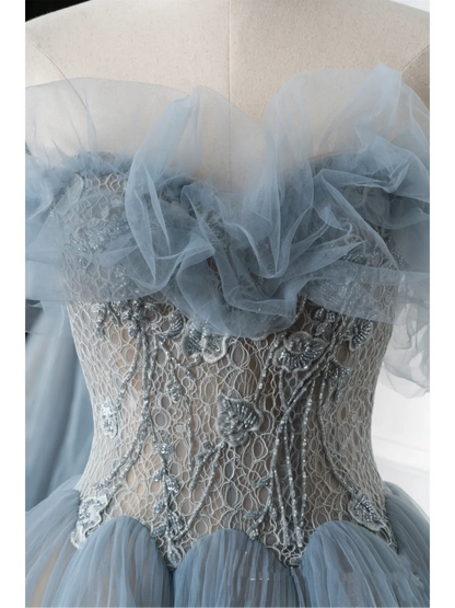 Charmante robe de bal en tulle bleu, décolleté en cœur, longue, tenue de bal pour 18e anniversaire, lycée, RB1060