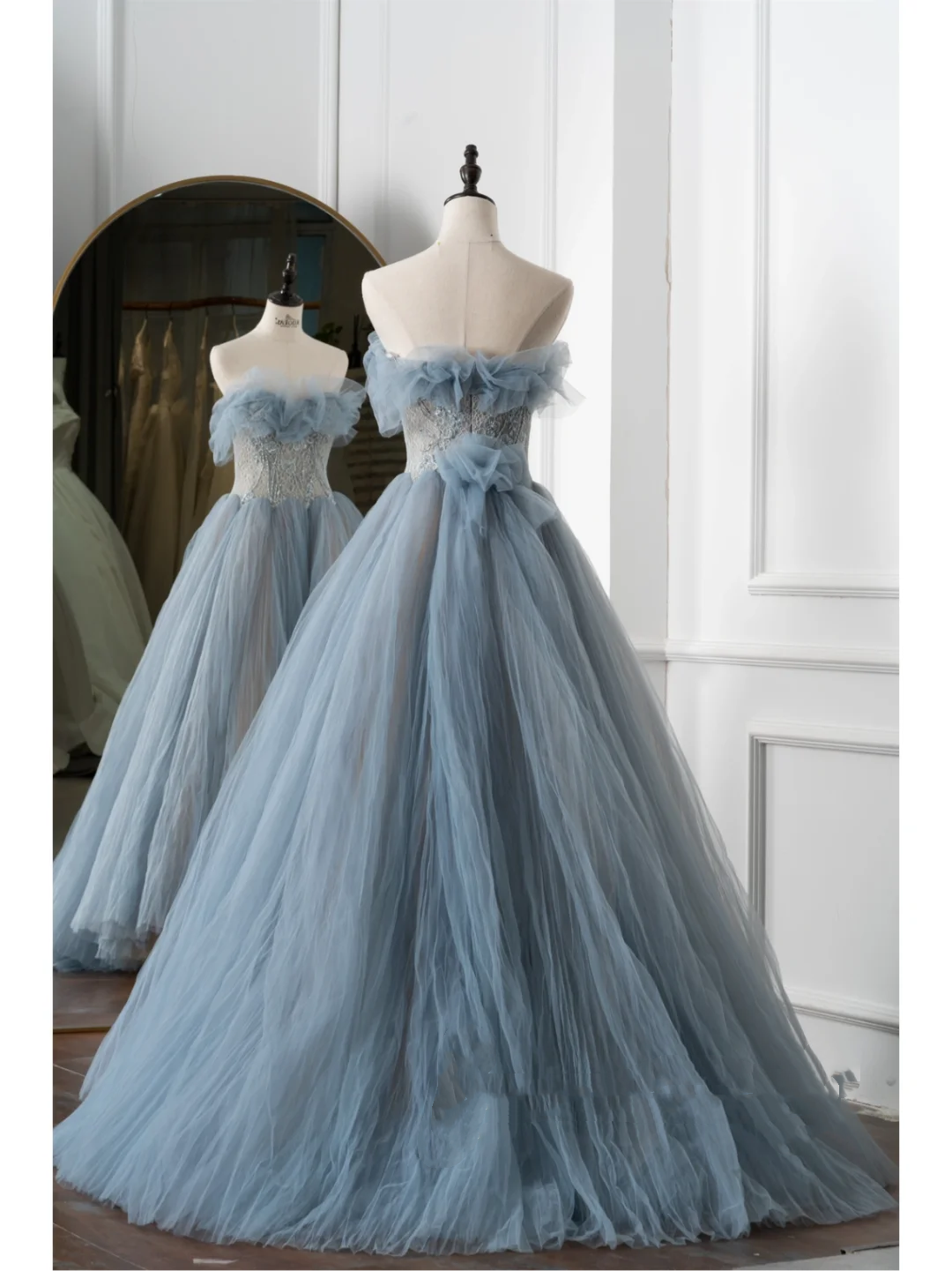 Charmante robe de bal en tulle bleu, décolleté en cœur, longue, tenue de bal pour 18e anniversaire, lycée, RB1060