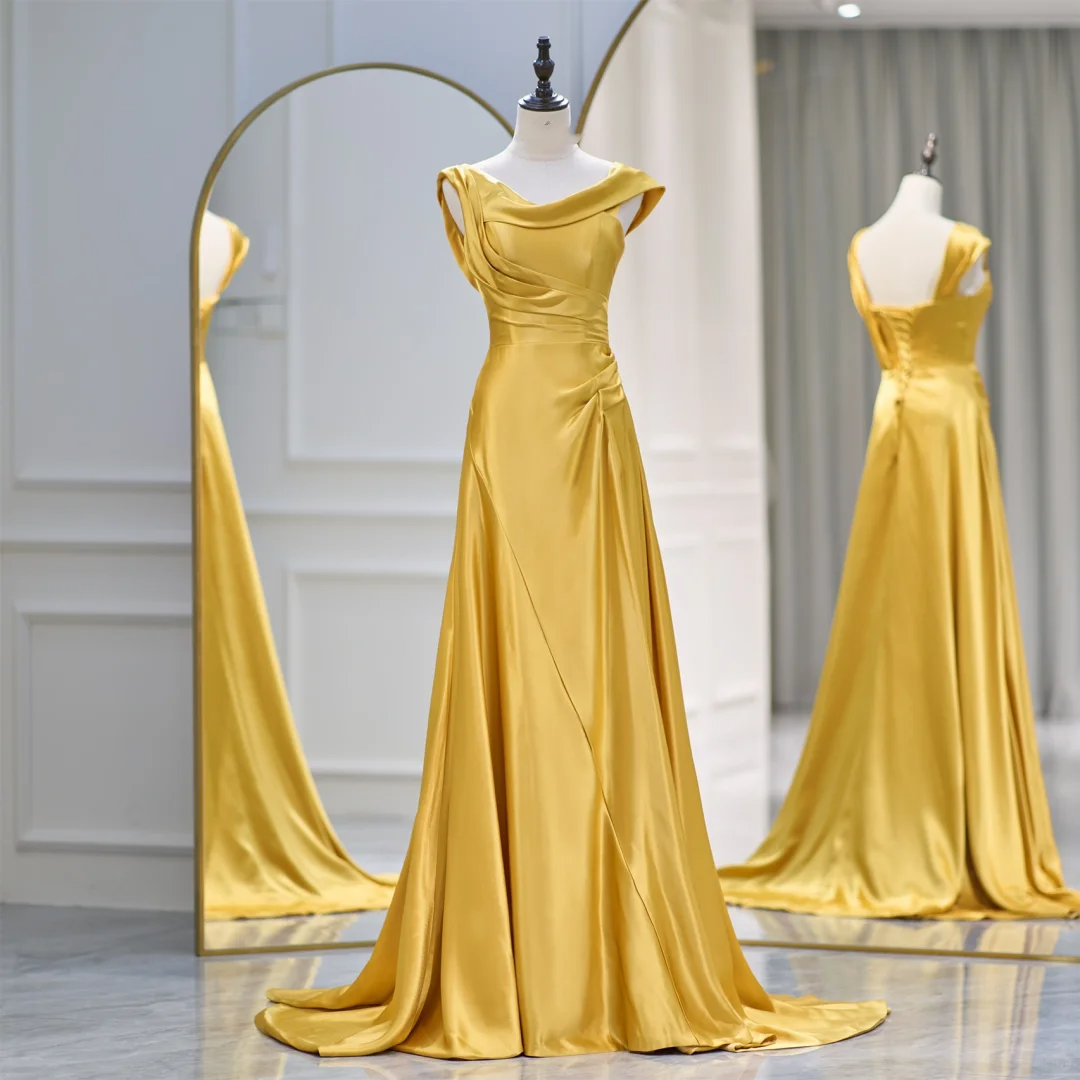 Charming Mermaid Cowl Neck Yellow Satin Prom Dresses Long 18th Birthday Outfit Senior High School Dance Party Dress RB1061