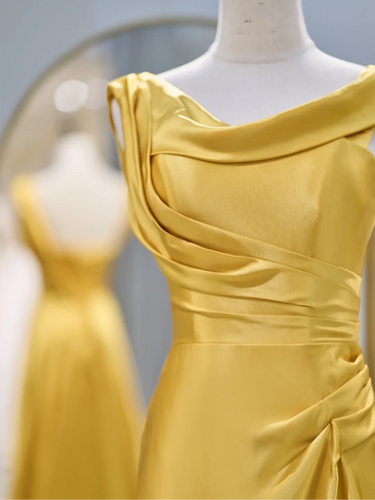 Charmantes Meerjungfrau-Abschlussballkleid mit Wasserfallausschnitt und gelbem Satin, lang, Outfit für den 18. Geburtstag, Oberstufen-Tanzpartykleid, RB1061