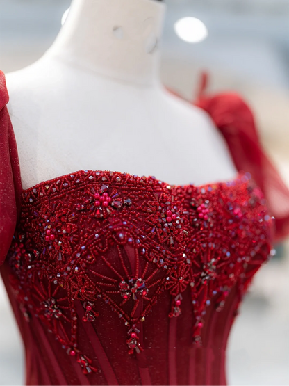 Charmantes Ballkleid mit quadratischem Ausschnitt, rotem Tüll, langes Ballkleid zum 18. Geburtstag, Outfit für die Oberstufe, Tanzpartykleid RB1063