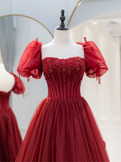 Charmantes Ballkleid mit quadratischem Ausschnitt, rotem Tüll, langes Ballkleid zum 18. Geburtstag, Outfit für die Oberstufe, Tanzpartykleid RB1063