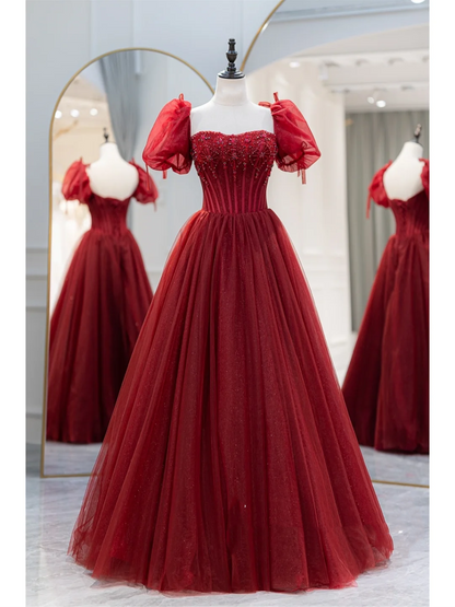Charmantes Ballkleid mit quadratischem Ausschnitt, rotem Tüll, langes Ballkleid zum 18. Geburtstag, Outfit für die Oberstufe, Tanzpartykleid RB1063