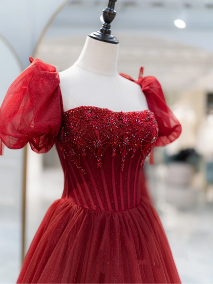 Charmantes Ballkleid mit quadratischem Ausschnitt, rotem Tüll, langes Ballkleid zum 18. Geburtstag, Outfit für die Oberstufe, Tanzpartykleid RB1063