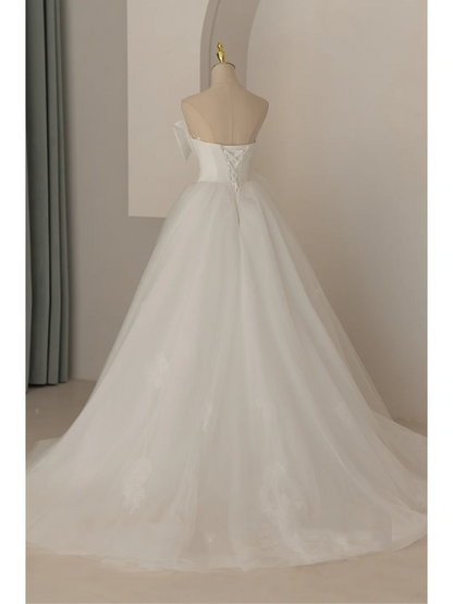 Robe de mariée blanche élégante et modeste, sans bretelles, sans manches, style robe de bal longue, RB1065