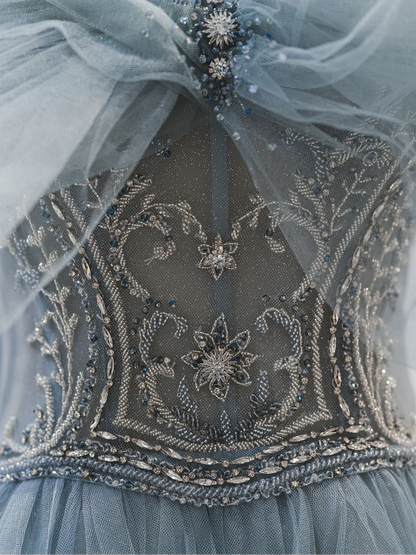 Schlichtes Ballkleid mit Spaghettiträgern, staubblaues Tüll-Abschlussballkleid, langes Partykleid, Geburtstagsoutfit, Abschlusskleid für Teenager, RB1066