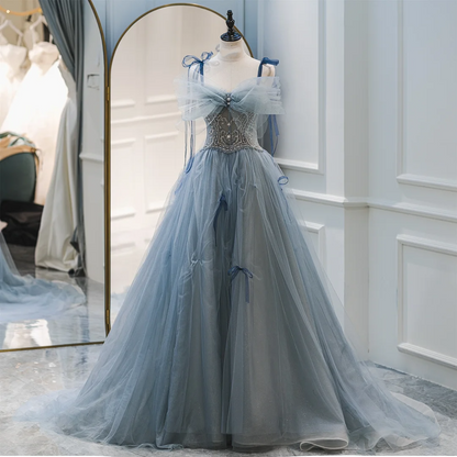 Schlichtes Ballkleid mit Spaghettiträgern, staubblaues Tüll-Abschlussballkleid, langes Partykleid, Geburtstagsoutfit, Abschlusskleid für Teenager, RB1066