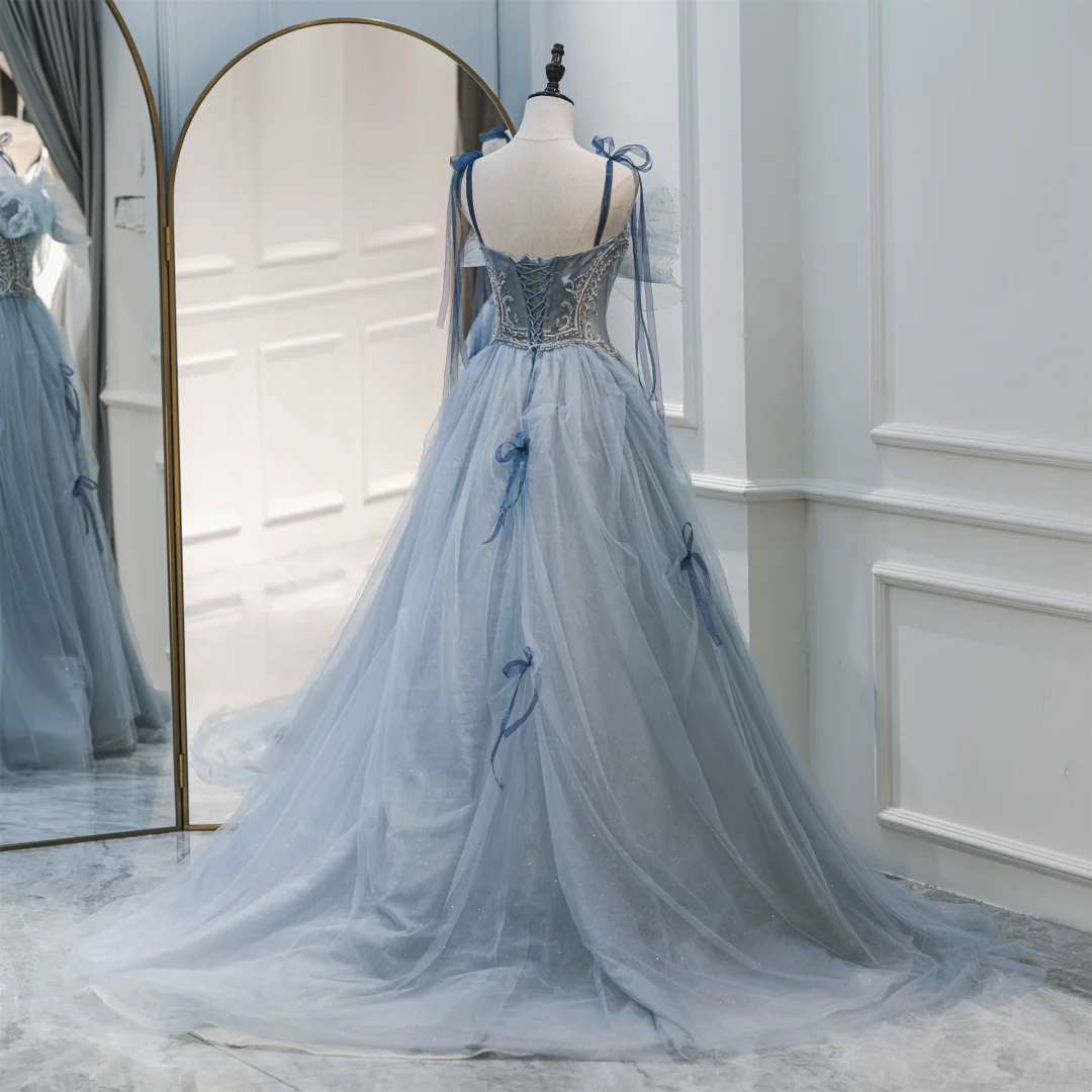 Schlichtes Ballkleid mit Spaghettiträgern, staubblaues Tüll-Abschlussballkleid, langes Partykleid, Geburtstagsoutfit, Abschlusskleid für Teenager, RB1066