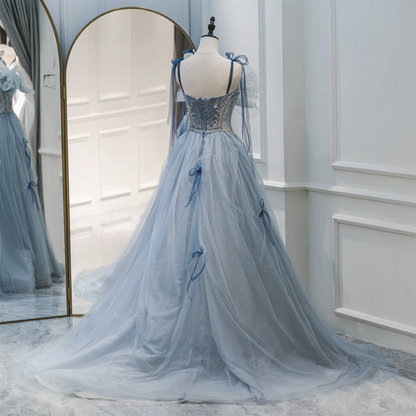 Schlichtes Ballkleid mit Spaghettiträgern, staubblaues Tüll-Abschlussballkleid, langes Partykleid, Geburtstagsoutfit, Abschlusskleid für Teenager, RB1066