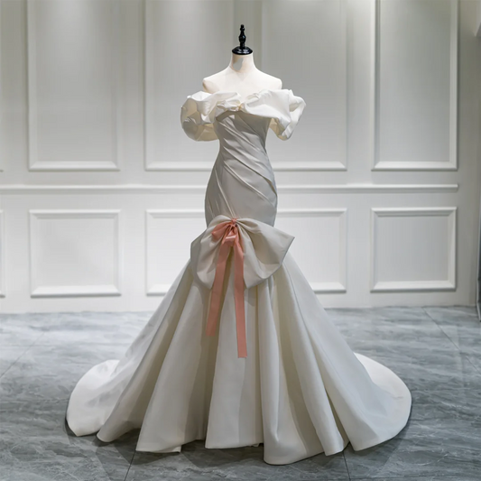 Dreamy Mermaid Short Sleeves Off The Shoulder White Fitted Satin Ruffles Corset Wedding Dress Bridal Gowns Wedding Dresses With Train RB1067