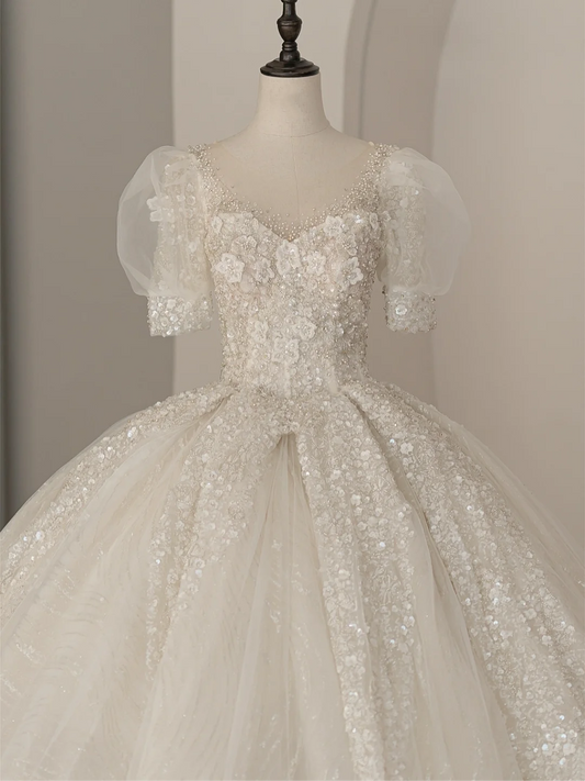 Modest Ball Gown V Neck Sequin Short Puffy Sleeves White Floral Bling Fitted Wedding Dress Styles Long Bridal Gown Wedding Gowns RB1069