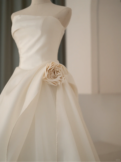 Robe de mariée simple, bustier, sans manches, en satin blanc, coupe corset, style longue, RB1070