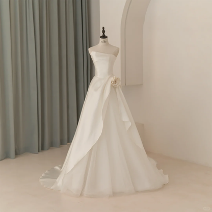 Robe de mariée simple, bustier, sans manches, en satin blanc, coupe corset, style longue, RB1070