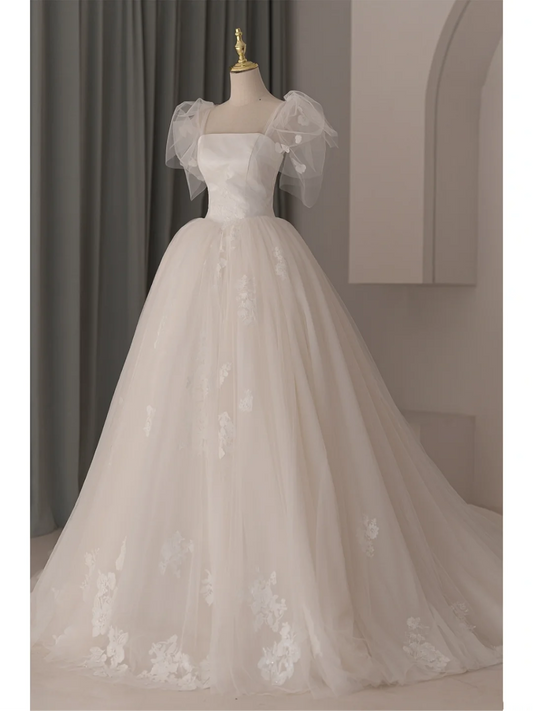 Dreamy Ball Gown Straps White Fitted Lace Ruffles Corset Wedding Dress Bridal Gowns Wedding Dresses With Train RB1071