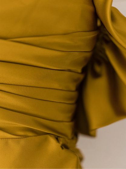 Robe de bal sirène élégante et tendance, épaules dénudées, en satin doré plissé, style lycée, longue, RB1072