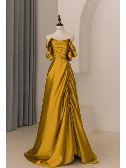 Robe de bal sirène élégante et tendance, épaules dénudées, en satin doré plissé, style lycée, longue, RB1072