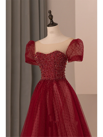 Robe de bal modeste en tulle bordeaux, décolleté plongeant, longue, tenue de soirée, d'anniversaire, de remise de diplôme, pour adolescentes, RB1074