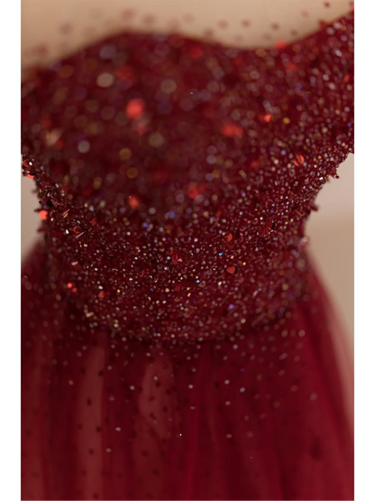 Robe de bal modeste en tulle bordeaux, décolleté plongeant, longue, tenue de soirée, d'anniversaire, de remise de diplôme, pour adolescentes, RB1074