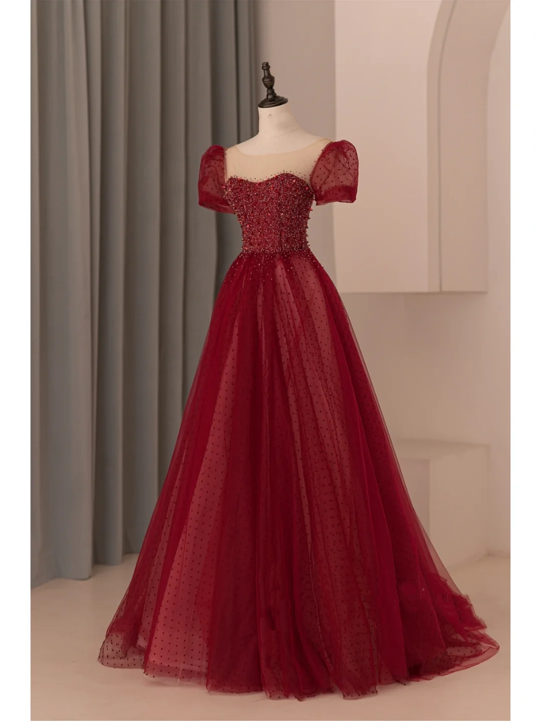 Robe de bal modeste en tulle bordeaux, décolleté plongeant, longue, tenue de soirée, d'anniversaire, de remise de diplôme, pour adolescentes, RB1074