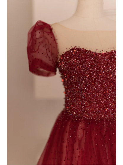 Robe de bal modeste en tulle bordeaux, décolleté plongeant, longue, tenue de soirée, d'anniversaire, de remise de diplôme, pour adolescentes, RB1074