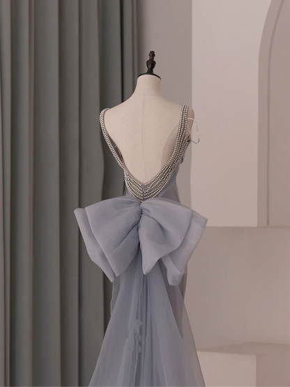 Robe de bal longue en organza gris poudré, style sirène, bretelles spaghetti, style lycée, RB1075
