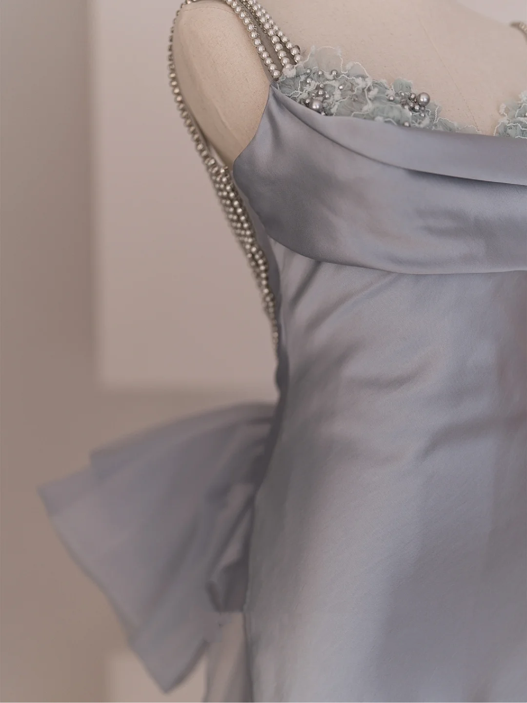 Robe de bal longue en organza gris poudré, style sirène, bretelles spaghetti, style lycée, RB1075