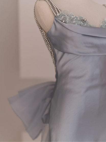 Robe de bal longue en organza gris poudré, style sirène, bretelles spaghetti, style lycée, RB1075