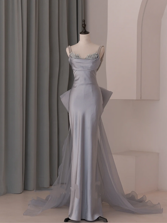 Modest Trendy Mermaid Spaghetti Straps Dusty Gray Organza Pleated Prom Dresses Style Long Senior High School Party Dress RB1075